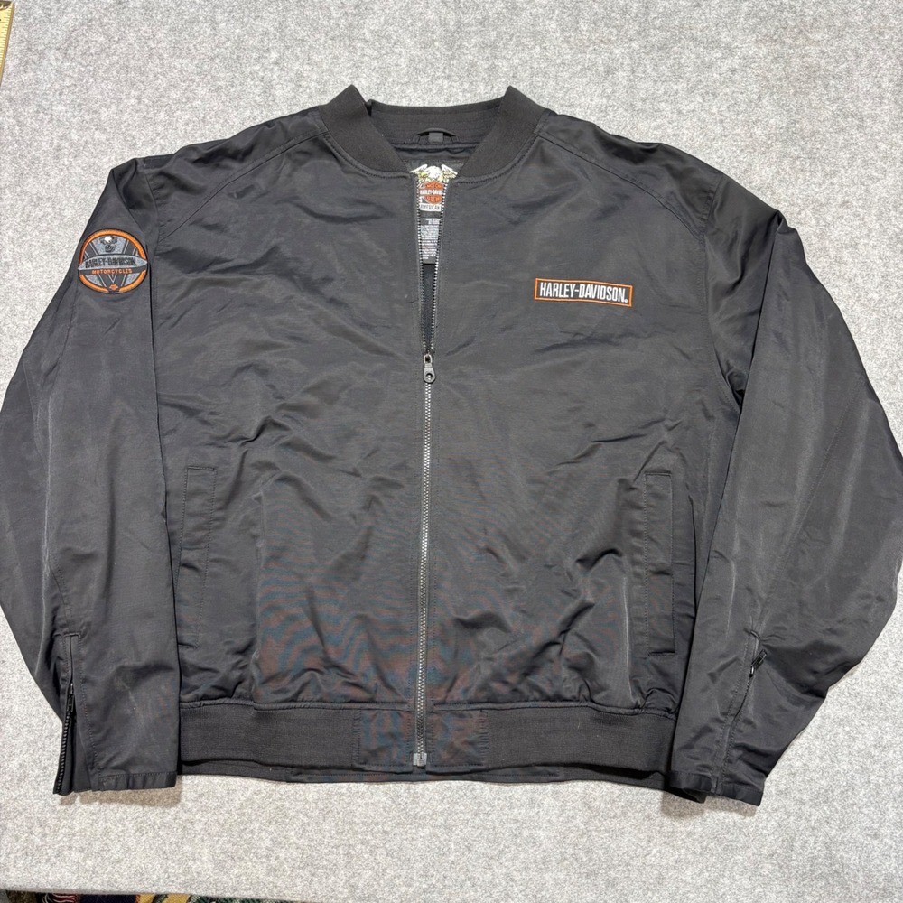 Harley-Davidson Mens 3XL Black Bomber Jacket V-Twin Engine Flame Graphic Patch